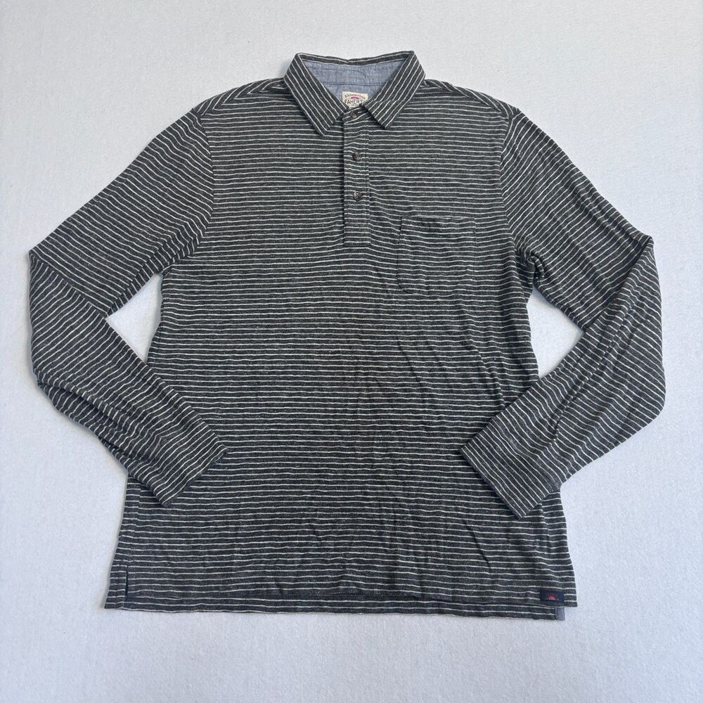 Faherty Movement Cotton Long Sleeve Striped Casual Polo Shirt Mens M Gray Preppy
